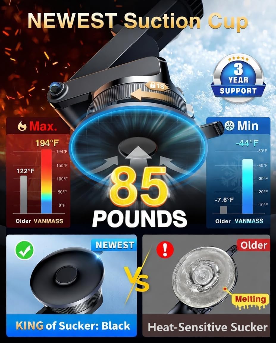 [2026 True Military-Grade] Car Phone Holder VANMASS [Upgraded Strongest Suction & Clip] Cell Phone Mount for Dashboard Windshield Vent Wall,Truck Cradle Stand for iPhone 17 Pro Max 16 15 14 13 Android