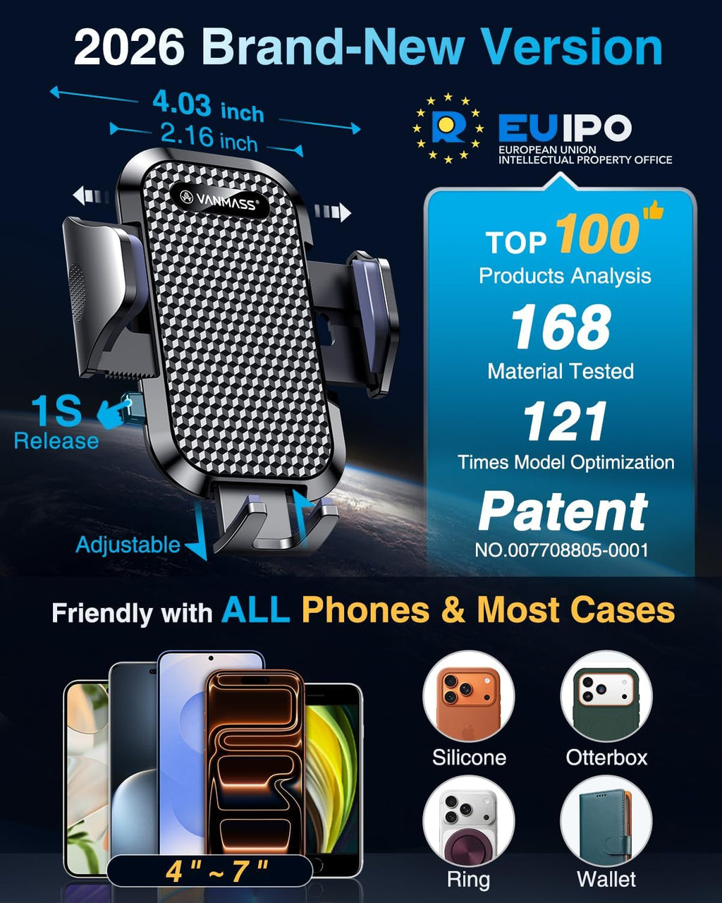 [2026 True Military-Grade] Car Phone Holder VANMASS [Upgraded Strongest Suction & Clip] Cell Phone Mount for Dashboard Windshield Vent Wall,Truck Cradle Stand for iPhone 17 Pro Max 16 15 14 13 Android