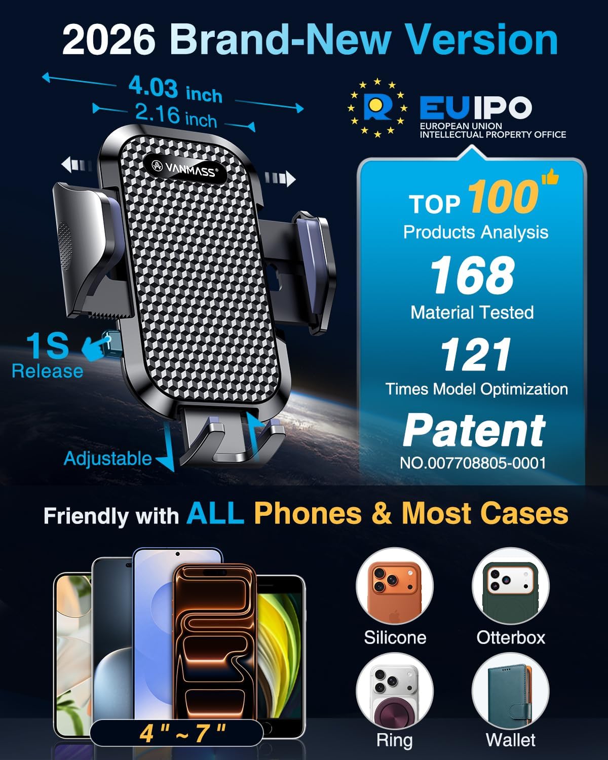 [2026 True Military-Grade] Car Phone Holder VANMASS [Upgraded Strongest Suction & Clip] Cell Phone Mount for Dashboard Windshield Vent Wall,Truck Cradle Stand for iPhone 17 Pro Max 16 15 14 13 Android